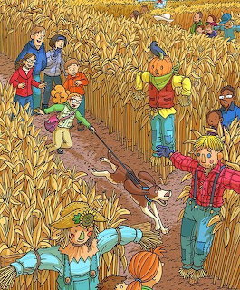 Cartoon illustration of people exploring a corn maze with scarecrows, a dog, and pumpkins in autumn