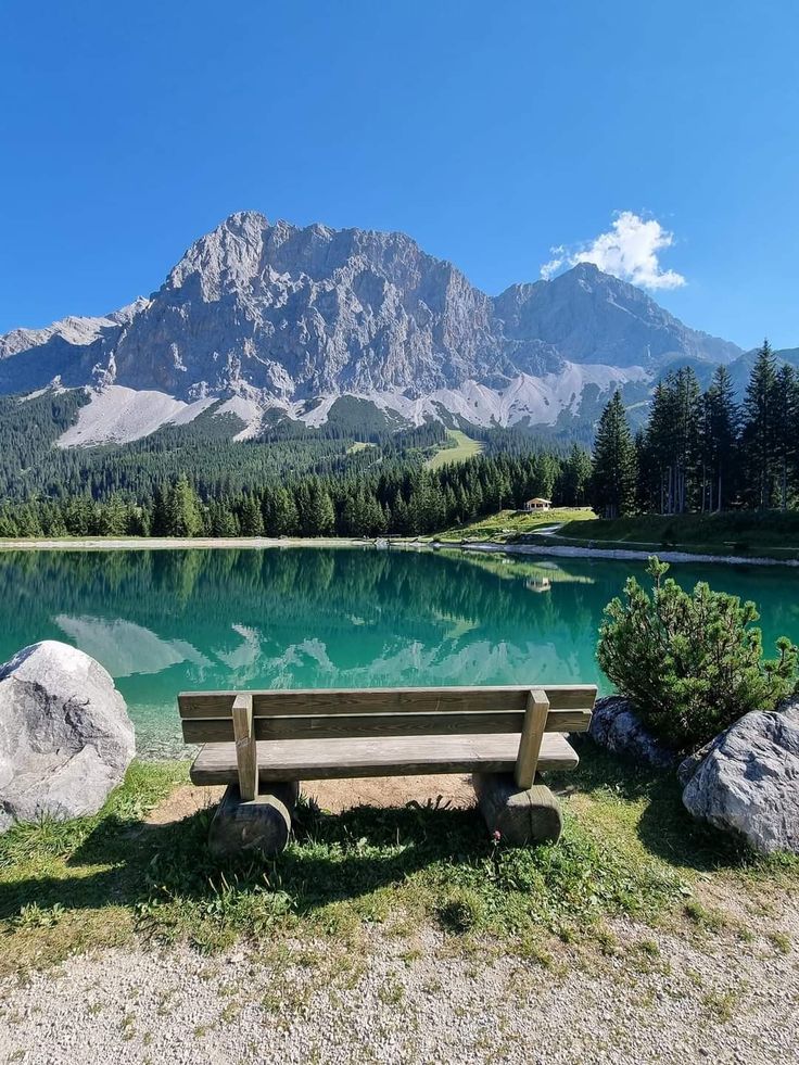 Wooden bench beside a turquoise alpine lake with evergreen forest and a rugged mountain.