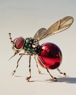 Jeweled fly figure with a red gemstone abdomen and translucent wings on a light background