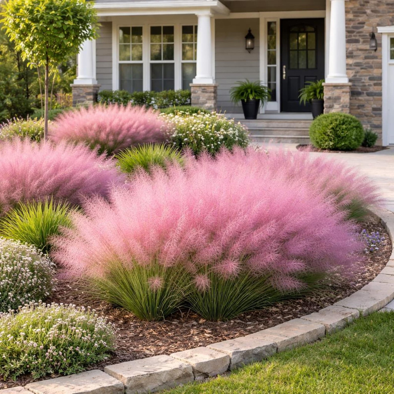 Pink muhly grass and ornamental plants in curved garden bed beside house entrance