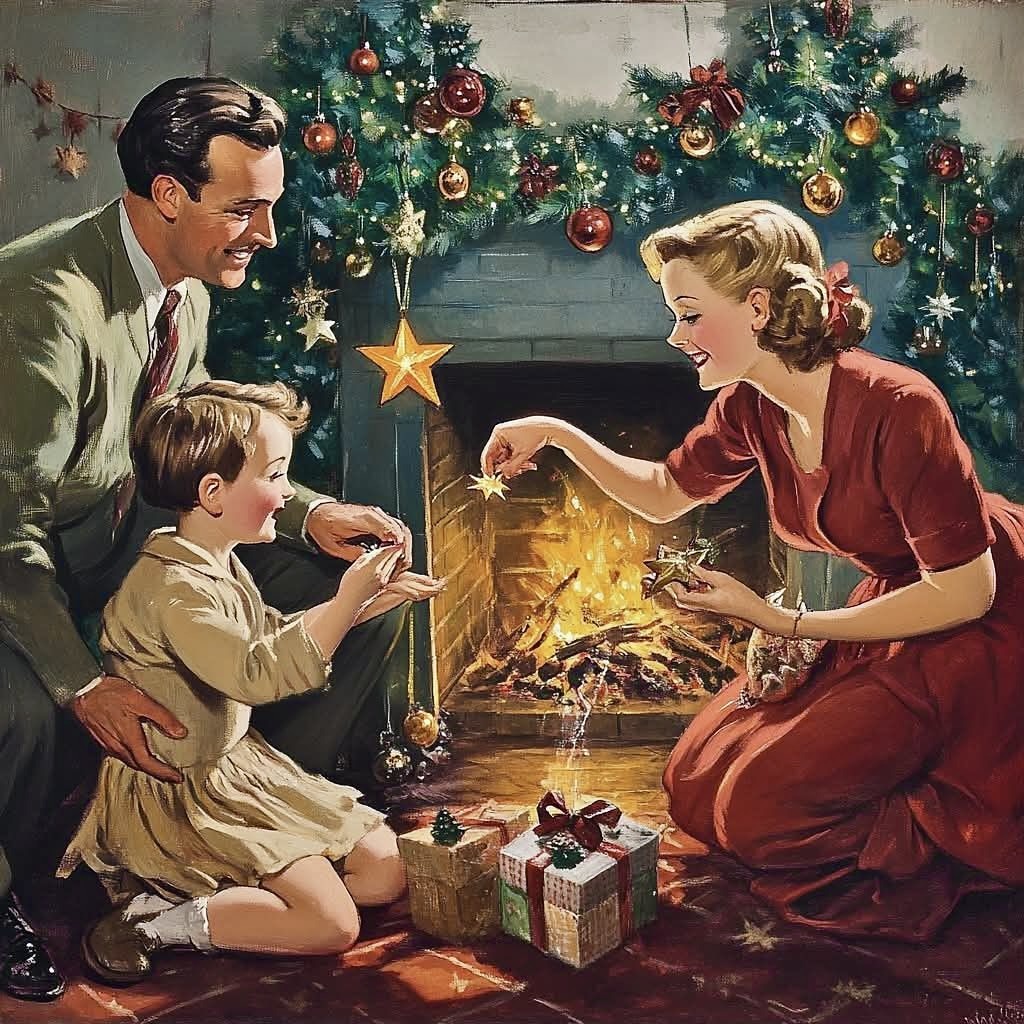 Vintage painting of a mother, father, and child by a Christmas tree and fireplace with wrapped gifts