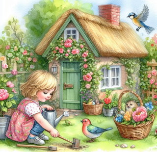 Girl with Garden Cottage