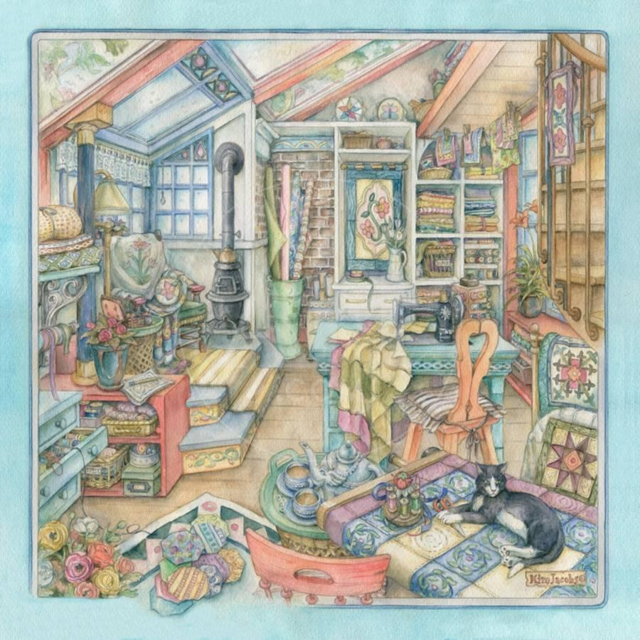 Watercolor illustration of a quilter's attic studio filled with fabrics, sewing supplies, quilts, and a sleeping cat