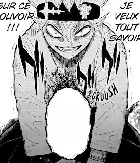 Manga panel of Asta from Black Clover grinning fiercely in black and white with French text