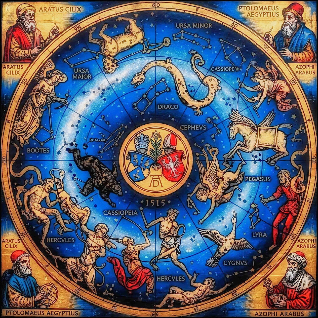 Circular celestial map of northern constellations with zodiac symbols and mythological figures on blue background