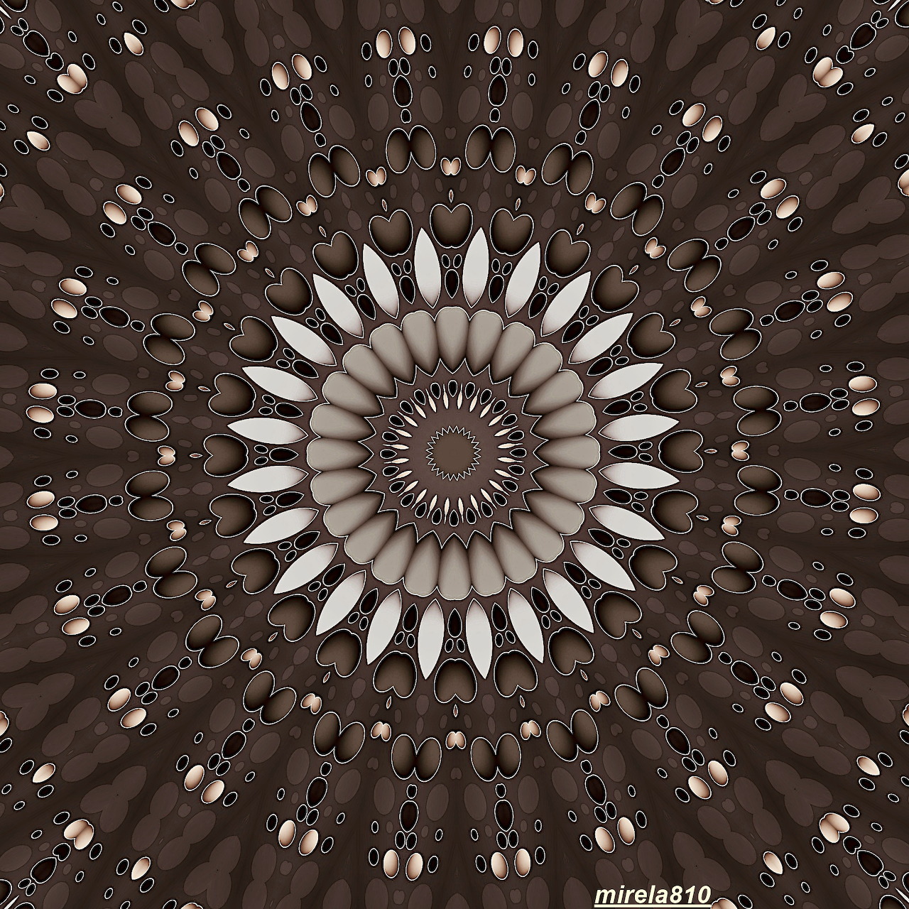 Circular mandala with brown, beige and white symmetrical geometric patterns radiating outward from center