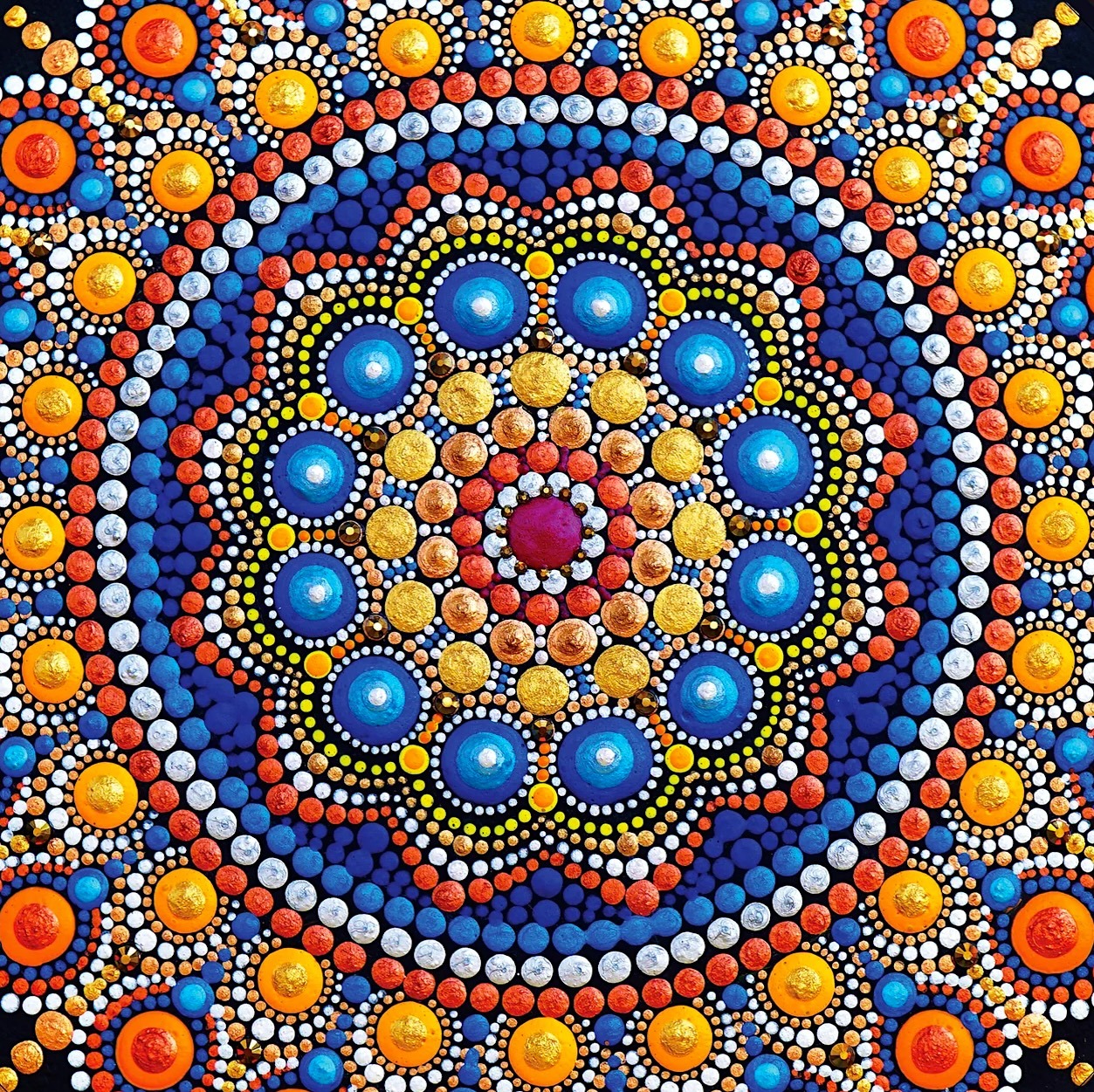 Colorful mandala with symmetrical dot patterns in blue, orange, yellow, and red circles radiating from center