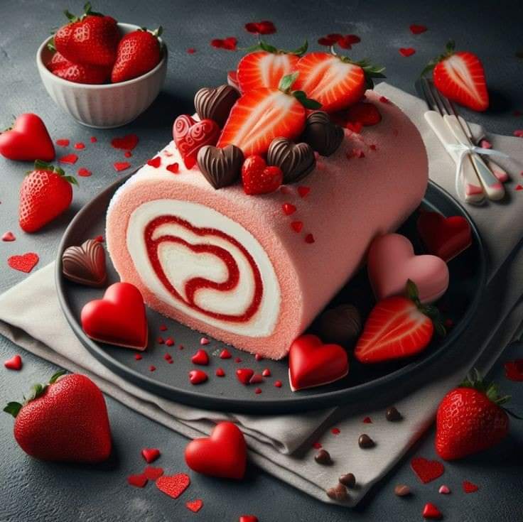 Pink strawberry roll cake with chocolate swirl, fresh strawberries, chocolate truffles, and red heart decorations
