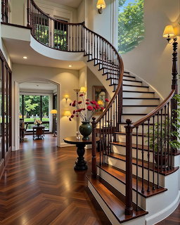 Elegant interior hallway with a curved wooden staircase, polished floors, lamps, and tall windows
