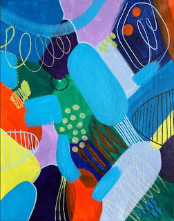 Colorful abstract painting with bold organic shapes in blue, orange, purple, red, and green with decorative lines