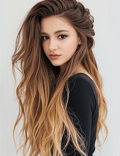 Young woman with long wavy brown hair wearing a black top posing against white background