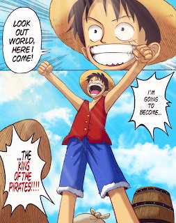 Anime boy character with straw hat raising arms excitedly with speech bubbles and blue sky background