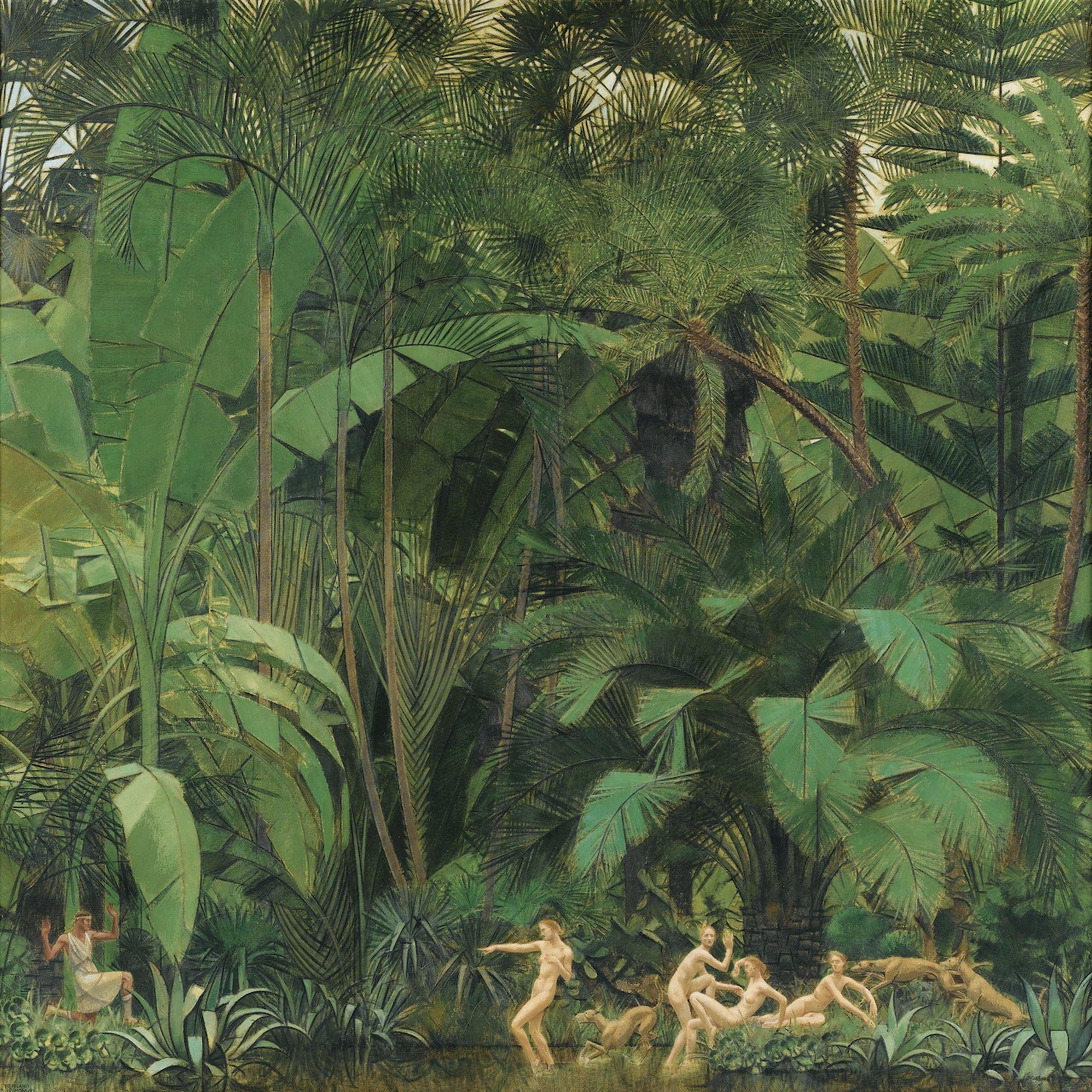 Dense tropical jungle painting with green palm trees, banana plants, and small figures at bottom