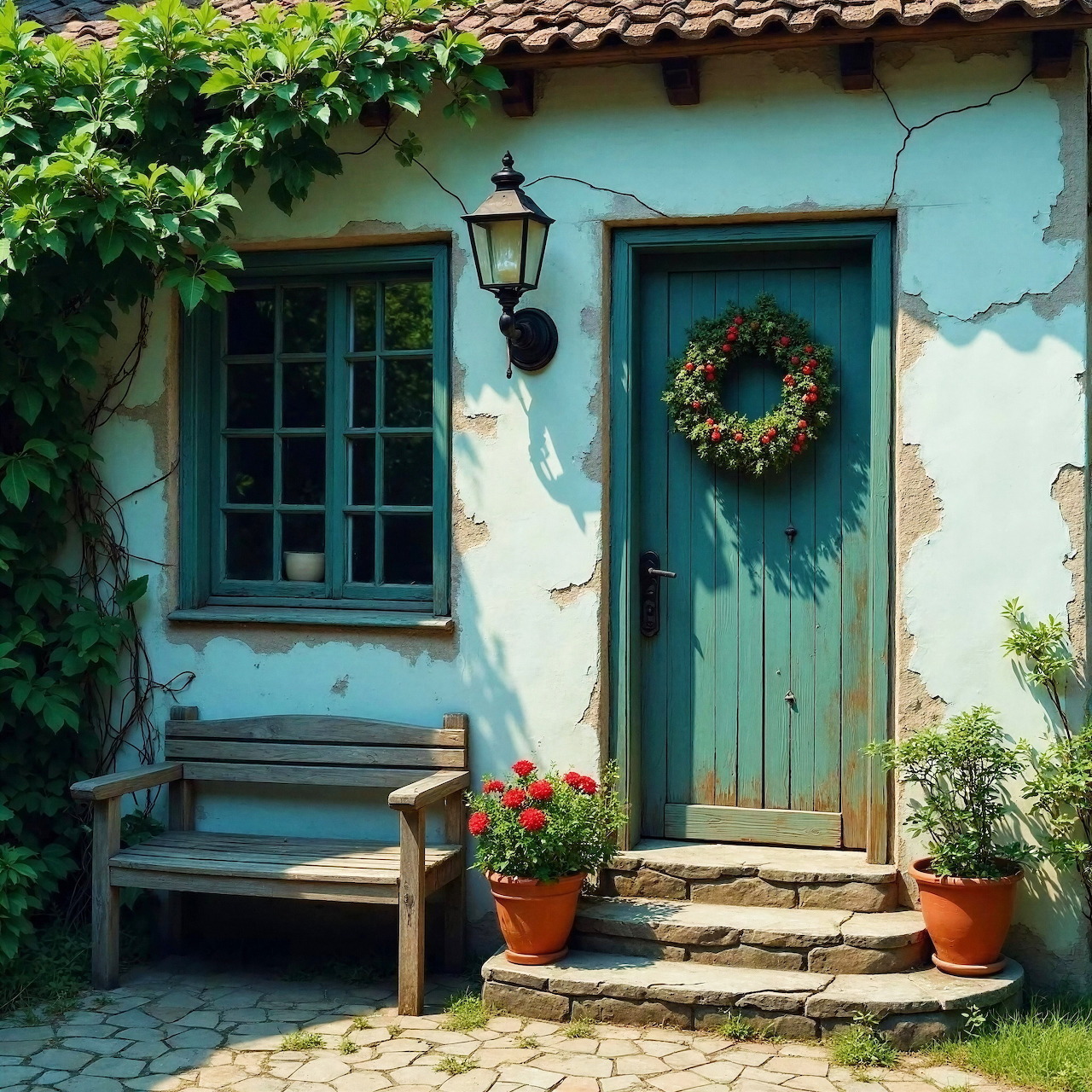 Turquoise cottage door with Christmas wreath, wooden bench, potted plants, and climbing greenery on weathered wall