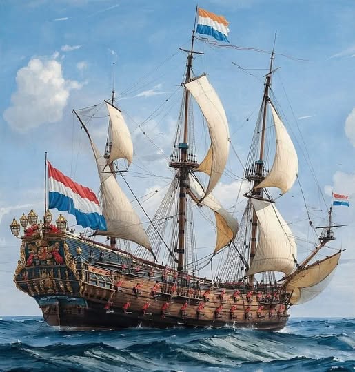 Painting of an old sailing ship with full sails on the ocean