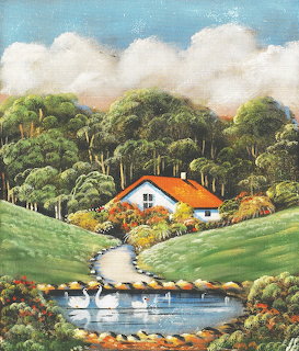 Folk art painting of cottage with orange roof by pond in green hills with trees and clouds