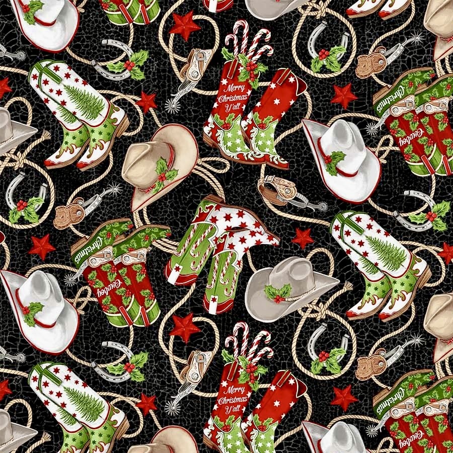 Repeating pattern of decorated cowboy boots, hats, and Christmas holly on black fabric