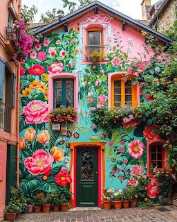 Colorful house exterior with large painted pink roses and tropical flowers on turquoise and coral walls