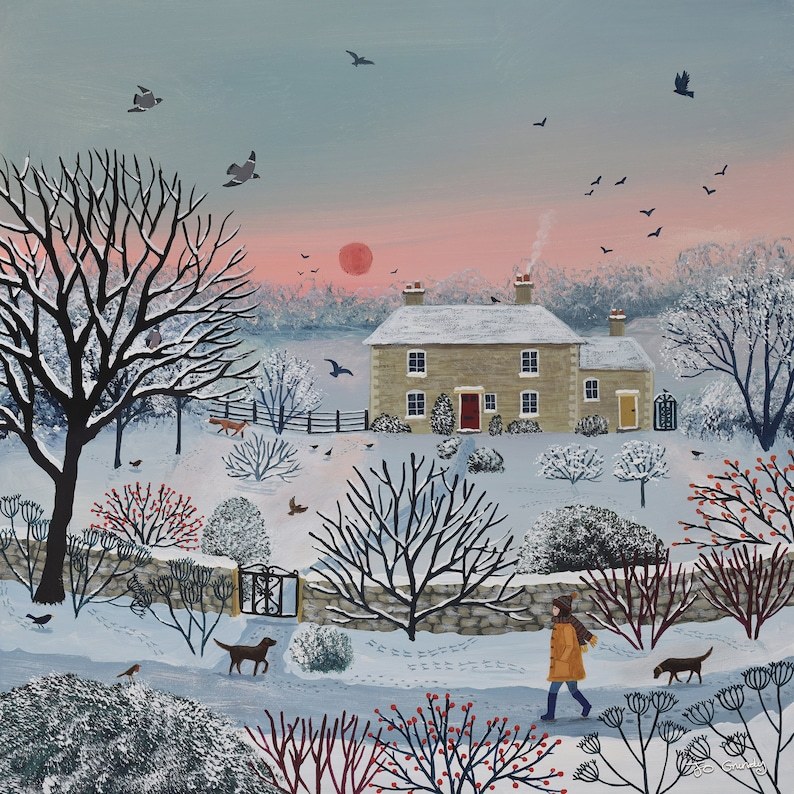 Folk art painting of person walking dogs toward cottage in snowy winter sunset landscape with bare trees and birds