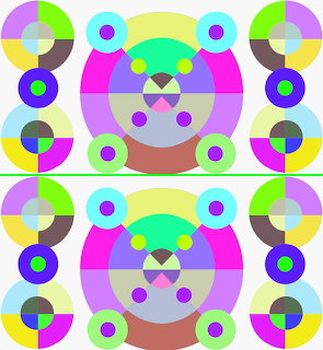 Colorful abstract pattern with geometric bear faces and circles on a white background