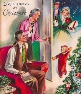 Vintage Christmas card illustration of family welcoming guests at door with decorated tree and festive scene