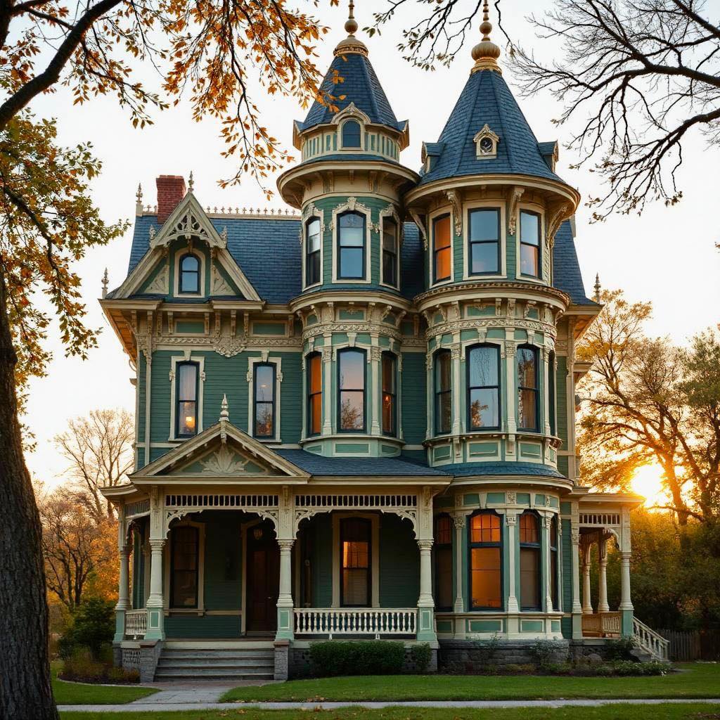 Elegant Victorian mansion with blue turrets and ornate architectural details surrounded by fall foliage