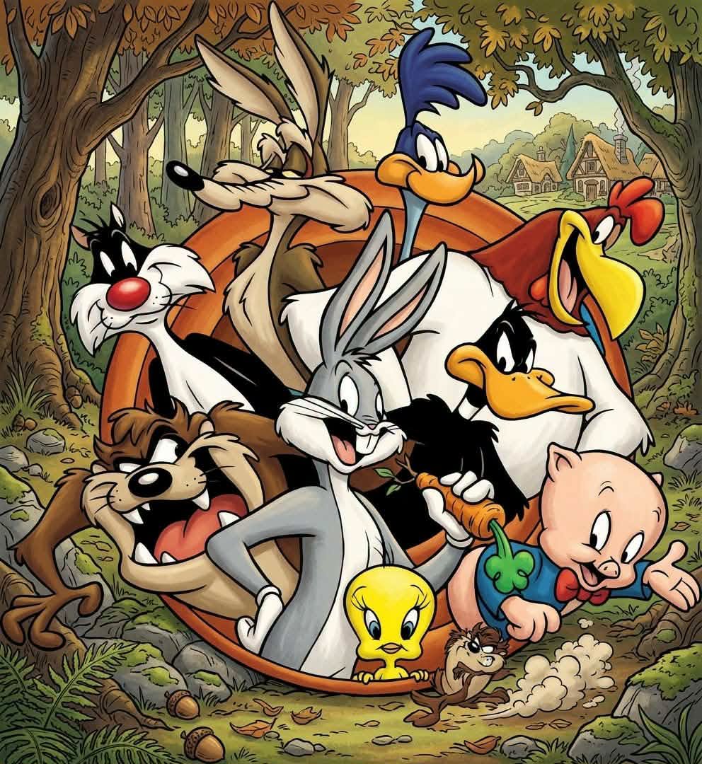 Classic cartoon characters, including a rabbit, duck, pig, bird, cat, and coyote, racing through a forest.