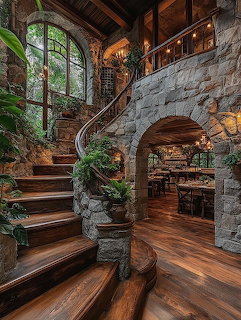 Rustic interior with curved stone staircase, wooden beams, and indoor plants