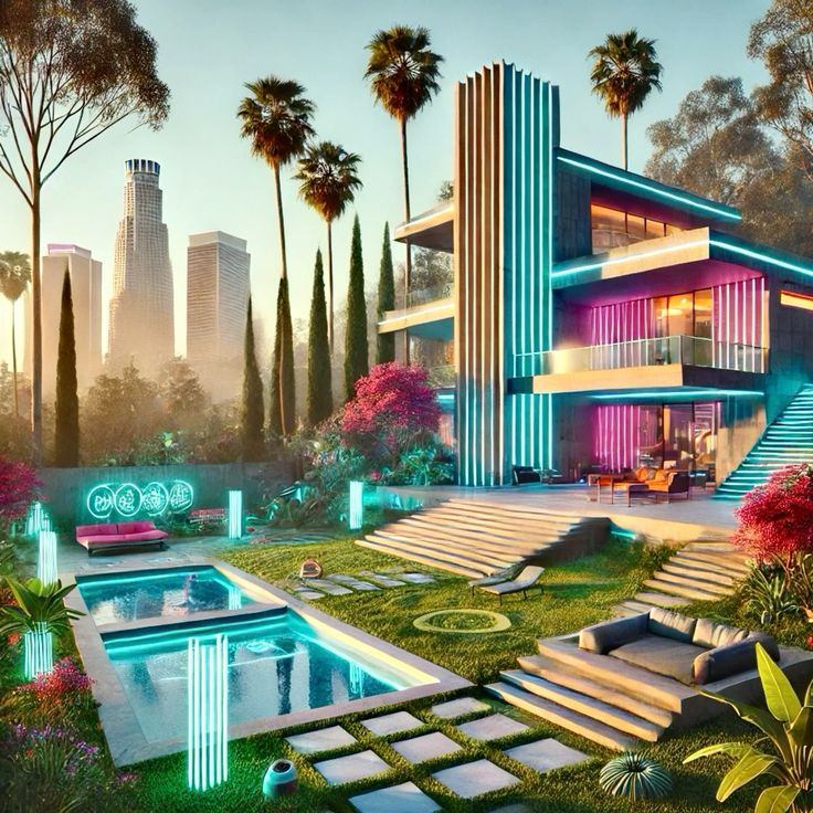 Neon futuristic mansion with pool, palm trees, and city skyline
