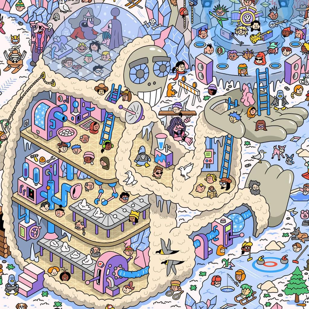 Whimsical cartoon cutaway house with many rooms, ladders, and small characters in a snowy setting