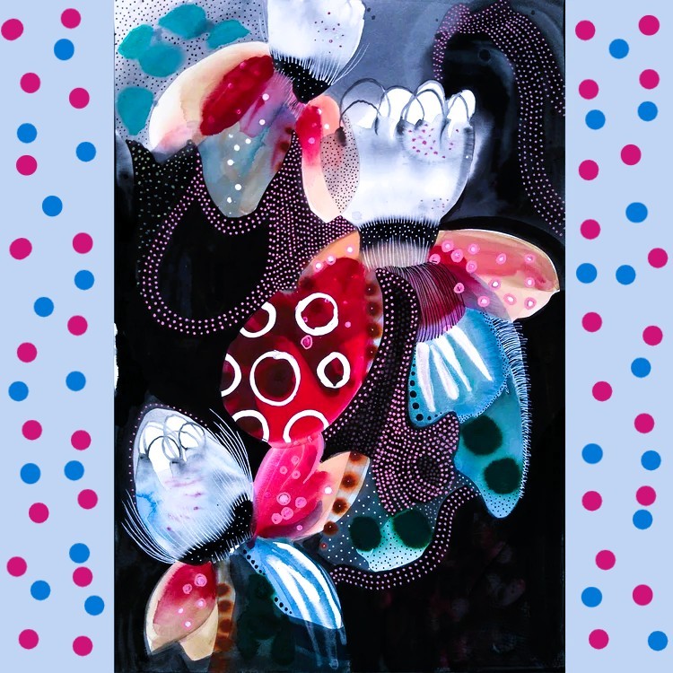 Abstract collage with red, blue, white shapes, dots and beaded patterns on black with polka dot frame