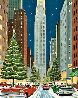 Vintage illustration of a snowy New York City street with Christmas trees, classic cars, and tall buildings