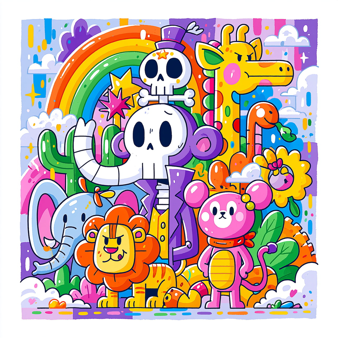 Bright cartoon collage with lion, giraffe, skulls, rainbow, cactus and flowers in purple, pink, yellow and blue