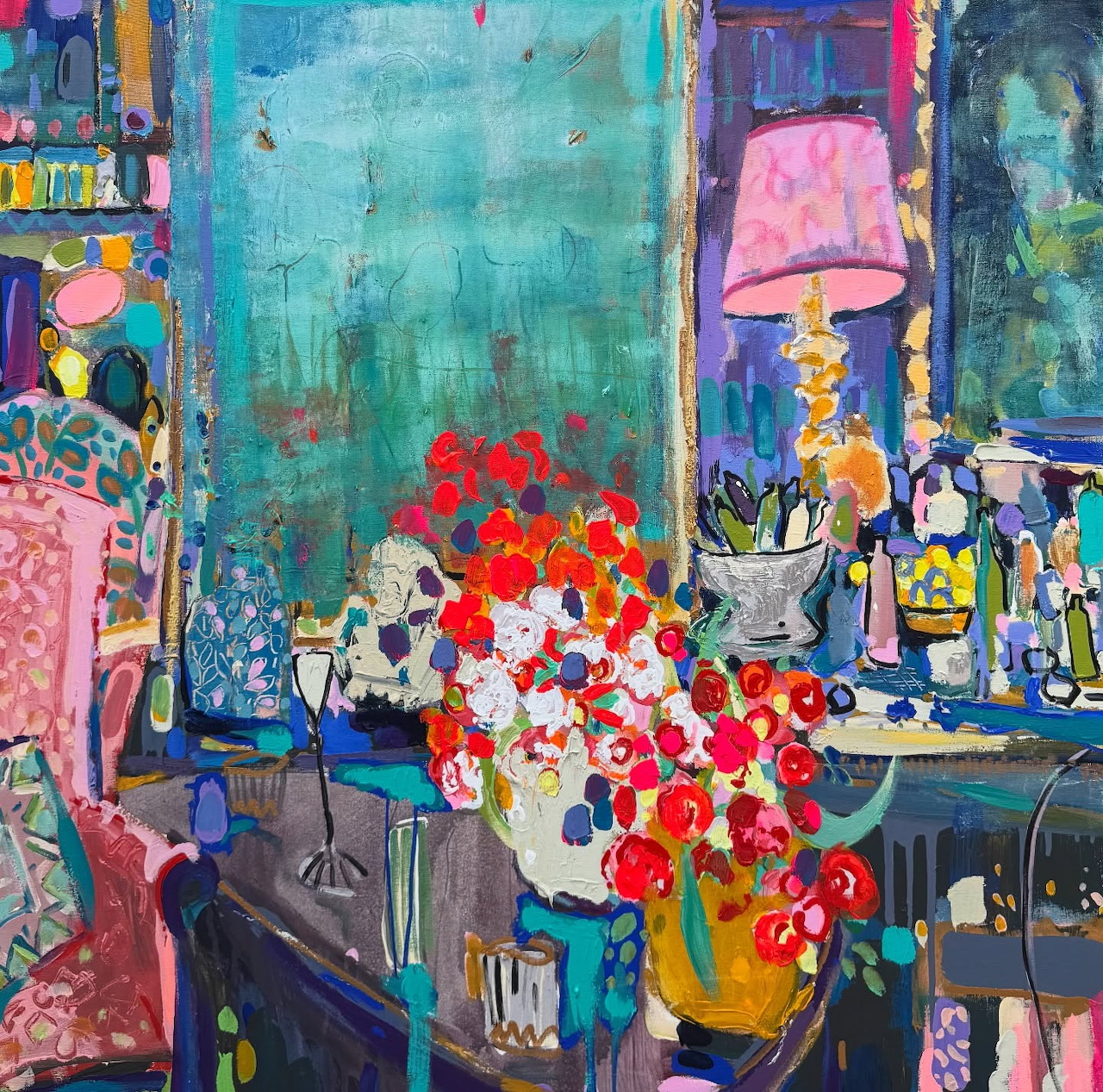 Expressive painting of flowers on table in richly decorated interior with turquoise tones and bright red blooms