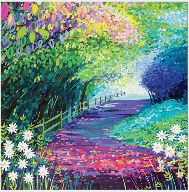 Colorful painting of a winding path under arching trees with rainbow-colored leaves and white daisies