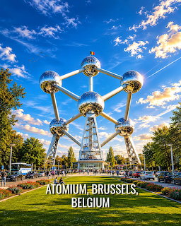 The Atomium in Brussels, Belgium above a green lawn and trees under a blue sky
