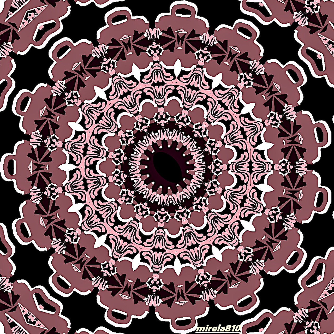 Symmetrical pink and white mandala with floral motifs on black background
