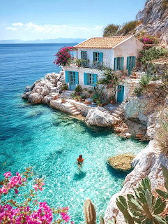 White Mediterranean house with blue shutters on rocky coastline above clear turquoise sea water
