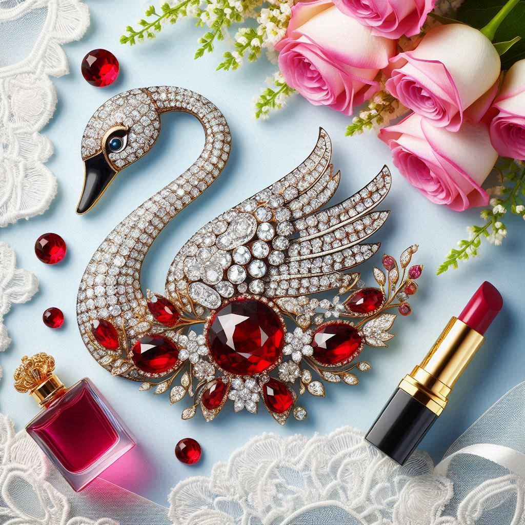 Jeweled swan brooch with pink roses, lipstick, perfume, red gems, and white lace on a blue background