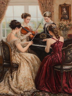 Four women in Victorian dresses performing music together in an elegant parlor with piano and violin