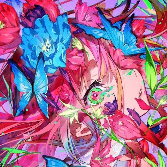 Anime girl with pink hair amid bright blue and pink flowers in colorful abstract style