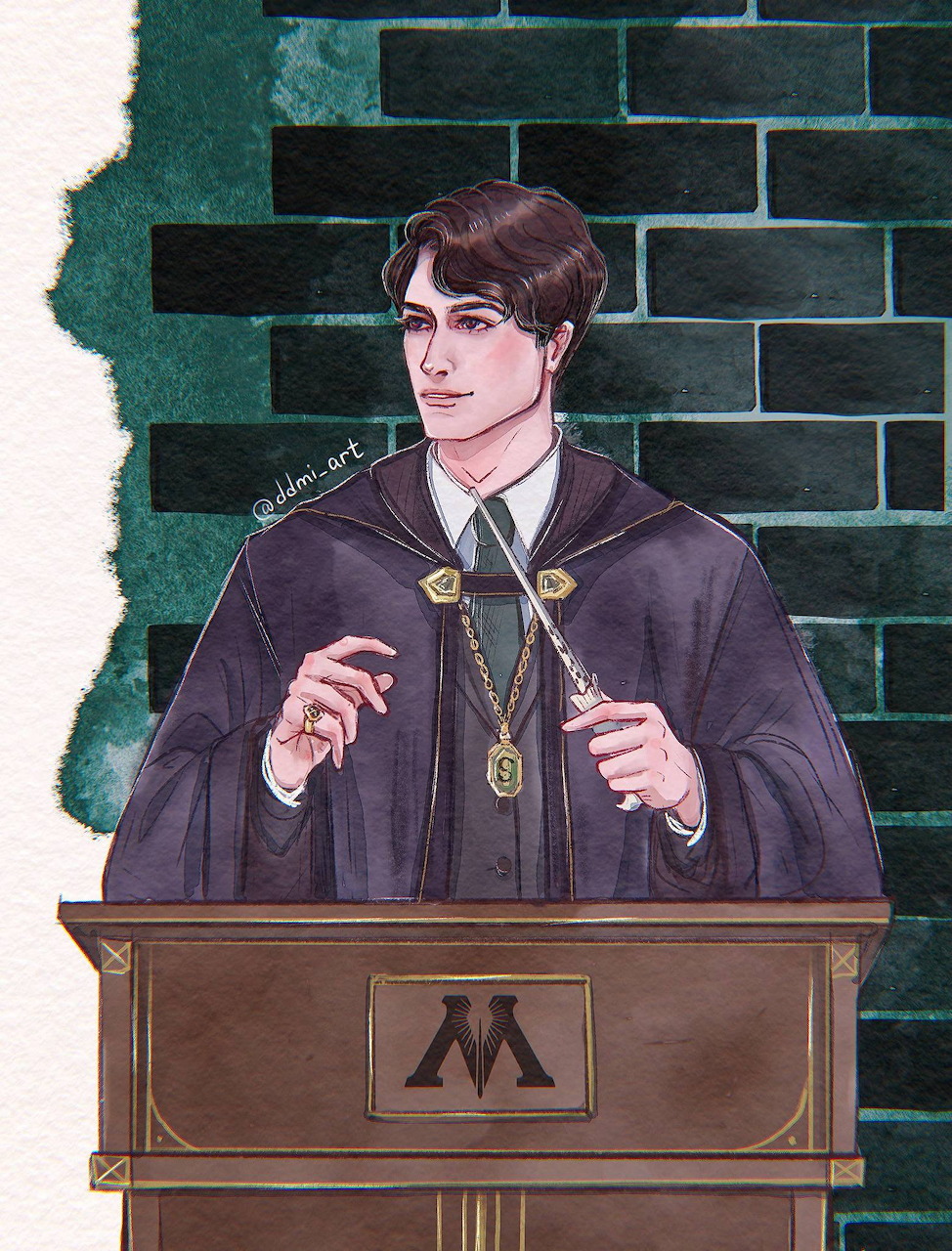 Illustrated young Tom Riddle in dark robes at a Ministry of Magic podium holding a wand