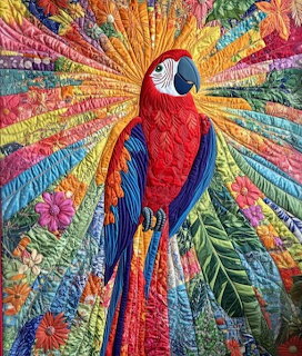 Colorful quilt art of a red macaw parrot with radiating tropical fabric strips and flowers