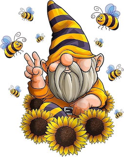 Garden gnome with yellow striped hat, gray beard, surrounded by bees and sunflowers