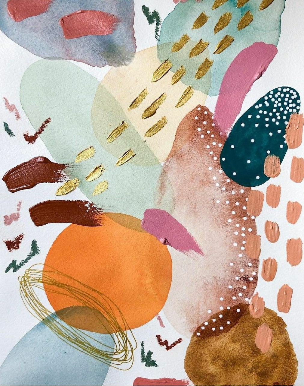 Abstract watercolor art with colorful organic shapes, dots, and brushstrokes in layered composition