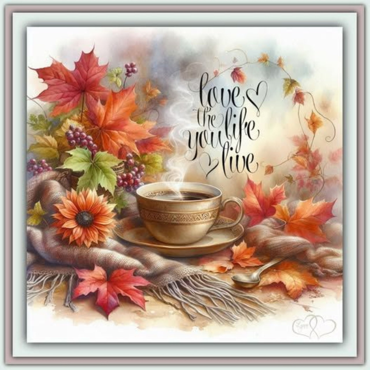 Coffee cup with fall leaves, flowers, and 'love the life you live' text in watercolor autumn scene