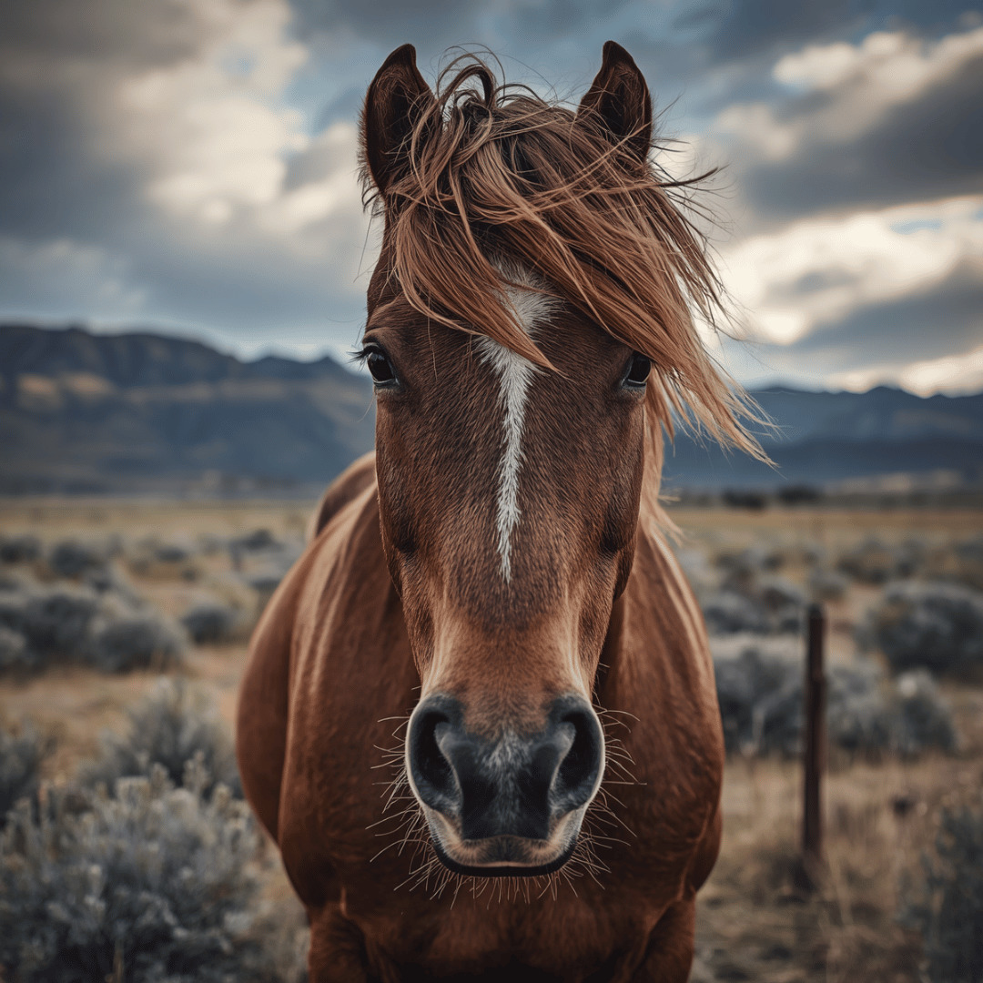 Brown horse with long mane facing camera in open plains under dramatic cloudy sky