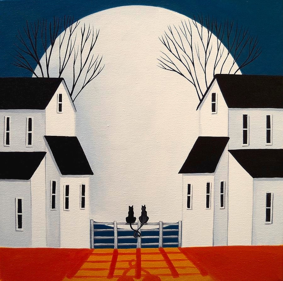 Symmetrical white house with blue gate, bare trees, and full moon in minimalist style