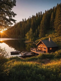 Wooden cabin by a lake at sunset with forest and mountains