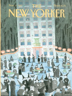 Vintage New Yorker Halloween cover with witches and costumed figures outside a tall city building